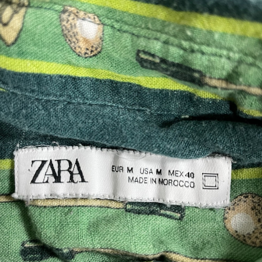 Zara Shirt Mens Medium Green Button Up Short Sleeve Viscose Golf Clubs Striped - Picture 5 of 10